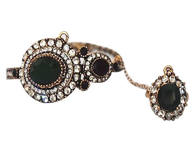 AyA Fashion Multicolor Oxidised Gold Stone Studded Bracelet attached with Finger Ring for Women