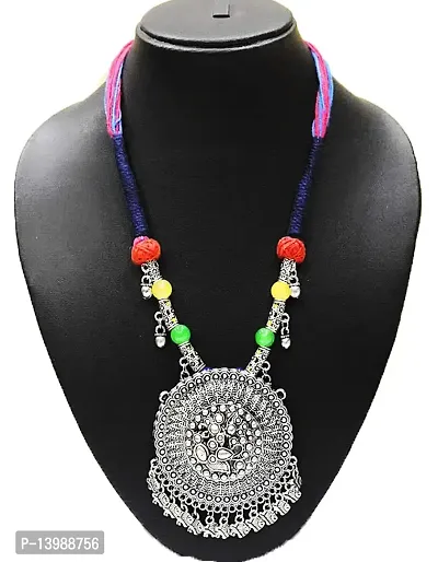 AyA Fashion Women's Oxidized German Silver Necklace with Floral Beads and Ghungroo and Black Thread Work-thumb2