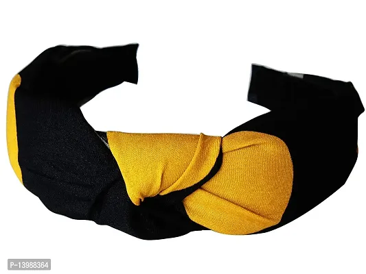 AyA Fashion Broad Yellow Checks Knotted Fabric Hairband | Retro Style Wide Bandana Hair Band for Girls and Women-thumb0