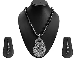 AyA Fashion Designer Oxidized German Silver Necklace With Black Beads and Beautiful Peacock Pendent and Pair of Earrings-thumb1