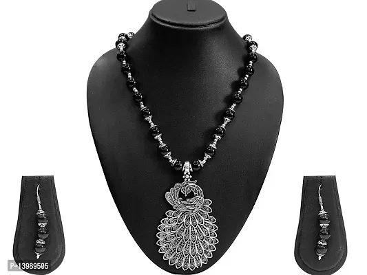 AyA Fashion Designer Oxidized German Silver Necklace With Black Beads and Beautiful Peacock Pendent and Pair of Earrings-thumb2