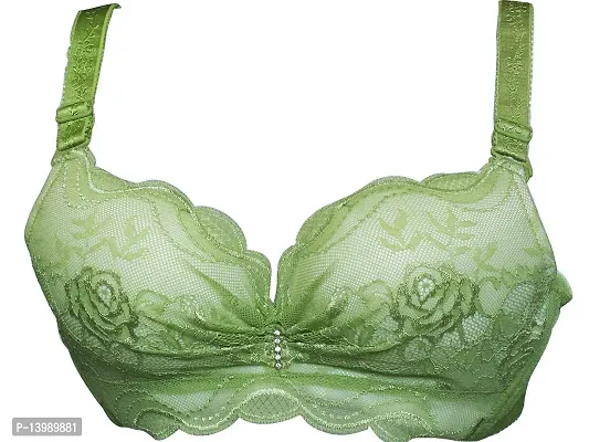 AyA Fashion Underwired Padded Cotton Lace Net Bra with Thick Strap (BA00033_Green_32B)