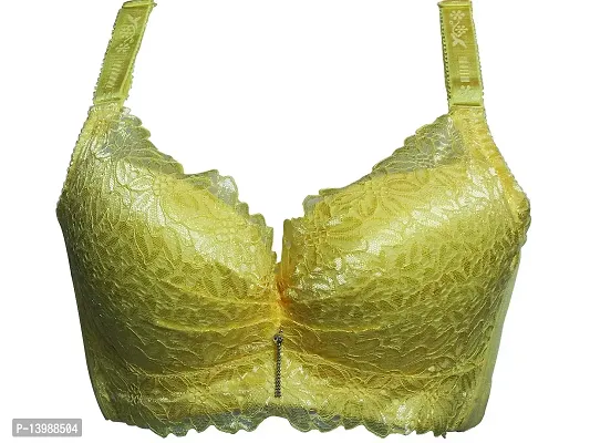 AyA Fashion Underwired Padded Cotton Lace Net Bra with Thick Strap (BA00030a_Yellow_30B)