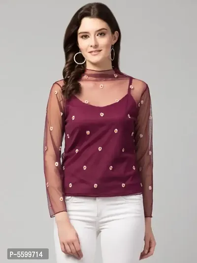 Stylish Embroidered Mesh Top-thumb0