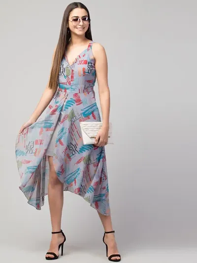 Women Printed Sleeveless Georgette Front Slit knee length Dress