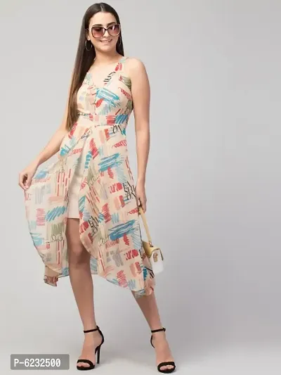 Women Printed Sleeveless Georgette Front Slit knee length Dress