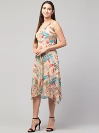 Women Printed Sleeveless Georgette Front Slit knee length Dress-thumb3