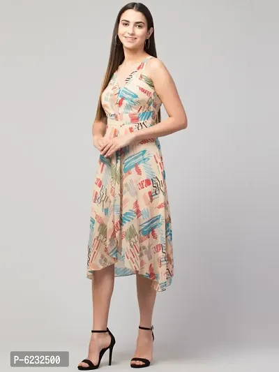 Women Printed Sleeveless Georgette Front Slit knee length Dress-thumb4