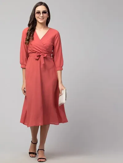 Women Solid Belted Midi Dress