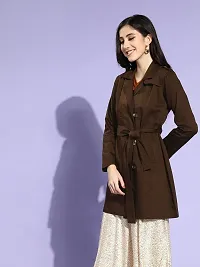Elegant Brown Cotton Solid Double-Breasted Trench Coat For Women-thumb1