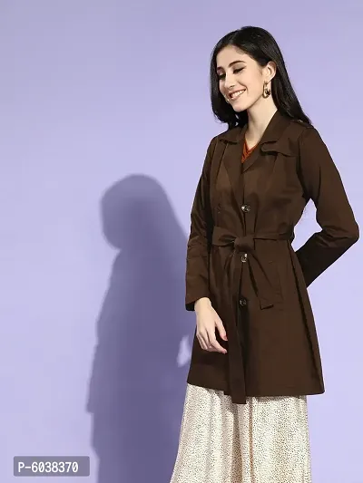 Elegant Brown Cotton Solid Double-Breasted Trench Coat For Women-thumb2