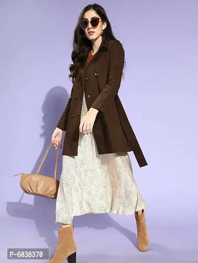 Elegant Brown Cotton Solid Double-Breasted Trench Coat For Women-thumb4