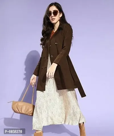 Elegant Brown Cotton Solid Double-Breasted Trench Coat For Women-thumb0