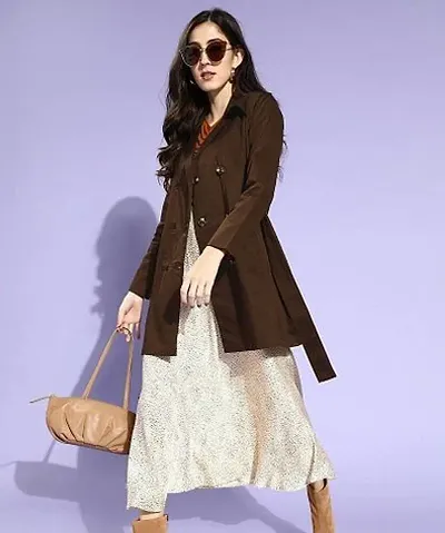 Elegant Brown Cotton Solid Double-Breasted Trench Coat For Women