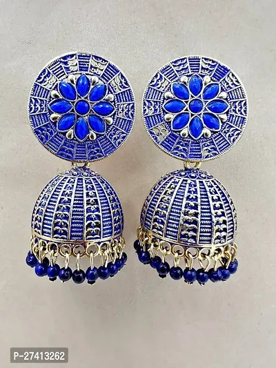 Trendy Navy Blue Brass Jhumkas Earrings For Women