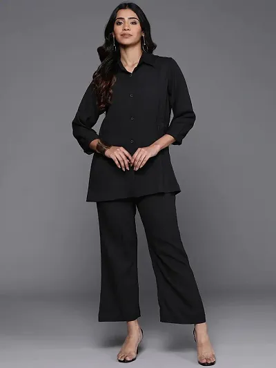 LRN Women Regular Fit Solid Spread Collar Casual Shirt with Trousers Clothing Set