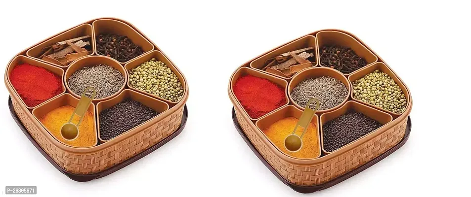 Stylish Masala Rangoli Box Dabba, Spice Box For Kitchen, Masala Container, Plastic Wooden Style, 7 Sections Pack Of 2