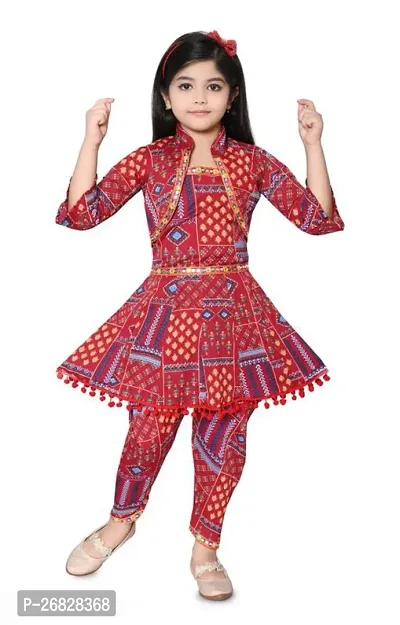 Alluring Red Rayon Printed Stitched Salwar Suit Set For Girls-thumb0