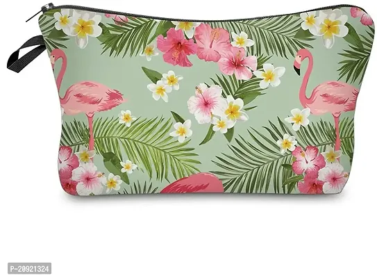 Prextex Printed Makeup Pouch for Women, Stylish Pouches for Makeup Accessories  Travel Organiser, Cosmetic Pouch, Toiletry Make up Bag - Green Flamingo-thumb0