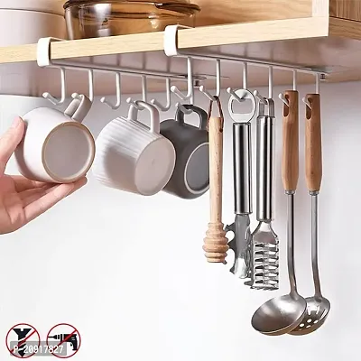 FowWelt Metal 6 Hooks Under Shelf Cup Holder Multifunctional Kitchen Utensil Rack for Hanging (Pack of 2_White)-thumb0