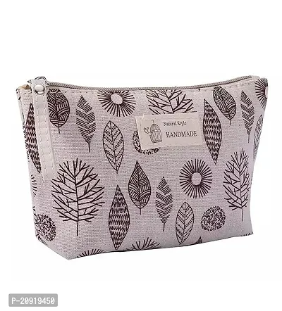 Prextex Canvas Cosmetic Bags Printed Makeup Bag Multi-Function Travel Organizer Pouch with Zipper for Women Girls Vacation Travel - White/Brown Leaf
