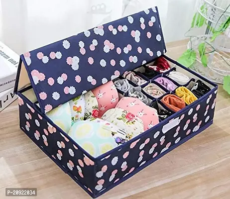 Prextex Innerwear Organizer 16+1 Compartment Foldable Fabric Storage Box for Closet, Storage Box/Closet Organizer/Drawer Organizer, Underwear Closet Storage for Socks, Bra - Navy Blue Flower