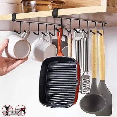 FowWelt Metal 6 Hooks Under Shelf Cup Holder Multifunctional Kitchen Utensil Rack for Hanging (Pack of 2_Black)