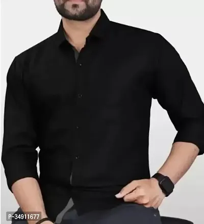 Reliable Black Long Sleeve Solid Cotton Blend Casual Shirts for Men-thumb0