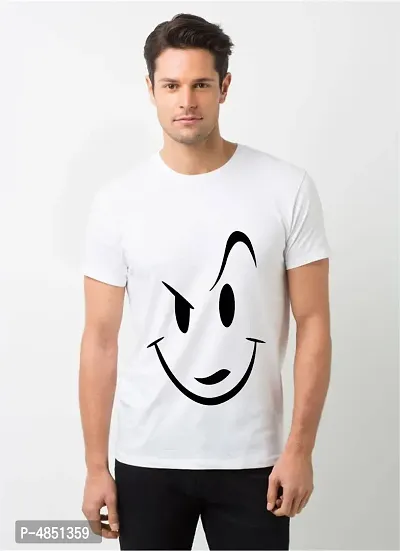 Men's White Polyester Printed Round Neck Tees