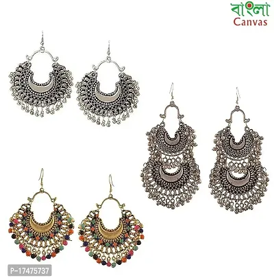 Bangla Canvas Combo Set of 3 Oxidized Polish Ethnic Earrings for Women and Girls-thumb0