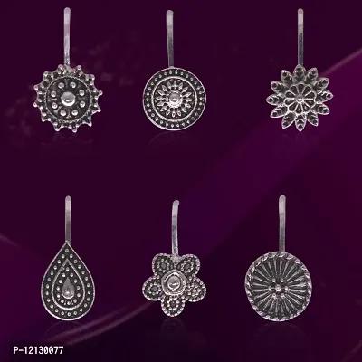 Nose Pin Designs Traditional Silver Oxidised Nose Pin Without Piercing Floral Shaped For Women And Girls | Pack Of 1 ( 12 Pcs )-thumb0