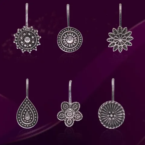 Nose Pin Designs Traditional Silver Oxidised Nose Pin Without Piercing Floral Shaped For Women And Girls | Pack Of 1 ( 12 Pcs )