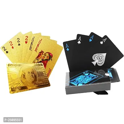 Aseenaa Waterproof PVC Playing Cards | Plastic Playing Set for Game Deck | Gift Poker | Table Cards with Razor Edges and Corners for Classic Magic Tricks Games | Pack of 2 | Colour - (Black and Gold)-thumb0