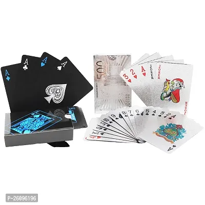 Aseenaa Waterproof PVC Playing Cards | Plastic Playing Set for Game Deck | Gift Poker | Table Cards with Razor Edges and Corners for Classic Magic Tricks Games | Pack of 2 | Colour - (Black  Silver)-thumb0