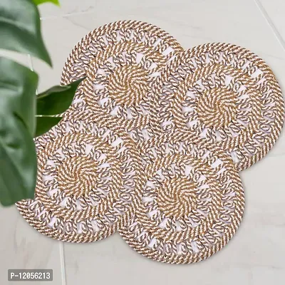 Tsukuyomi Pack of 2 Jute Placemats 30cm Round - Dining Table, Bed Side/Centre Table 12x12 inch (DP Beige & White)-thumb2