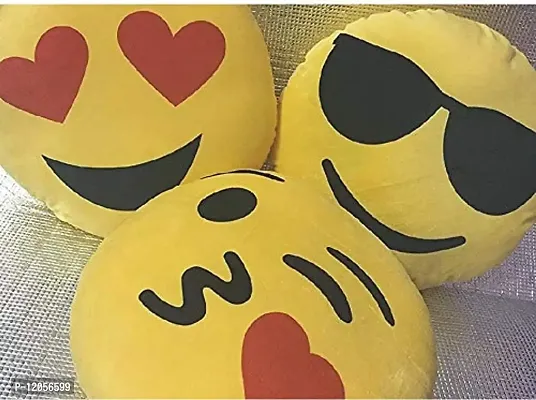 Shiv Charan Soft Plush Flying Kiss, Heart Eyes and Cool Dude Smiley Cushion Pillows (emj1151, Yellow, Medium) - Set of 3
