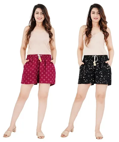 Women's Rayon Floral Shorts, Pack of 2 with Insert Pockets and Drawstring Waist | Regular Fit Bermunda Pants for Girls and Ladies (XXL, Black)