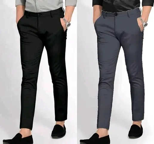 Black and drk grey combo trousers for men | Dark grey-black casual slim fit trousers for men