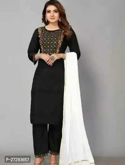 Stylish Black Embroidered Rayon Straight Kurta Pant Set With Dupatta For Women-thumb0