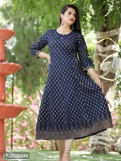 Stylish Navy Blue Printed Rayon A-Line Kurta For Women-thumb0