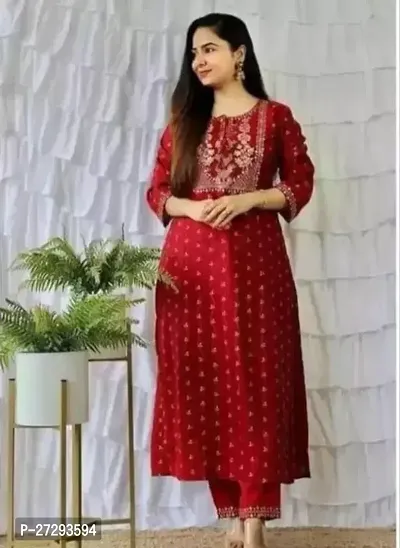 Stylish Red Printed Rayon Straight Kurta Palazzo Set For Women-thumb0