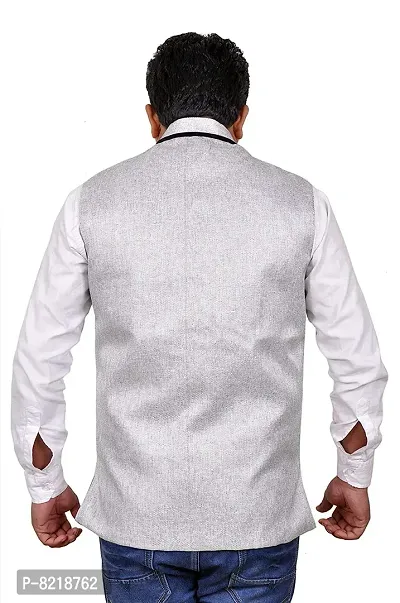 A P Creation Nehru Jacket Sleeveless Solid Men's Regular Fit Jute Ethnic Nehru Modi Jacket Or Waistcoat (Silver, X-Large)-thumb4