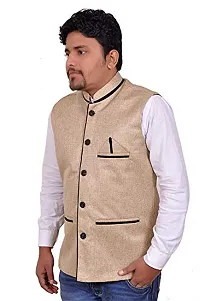 Gold Cotton Jute Nehru Jackets   Vests For Men-thumb1