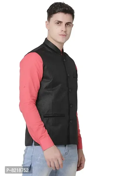 A P Creation Nehru Jacket Sleeveless Solid Men's Regular Fit Jute Ethnic Nehru Modi Jacket Or Waistcoat (38-42)-thumb2