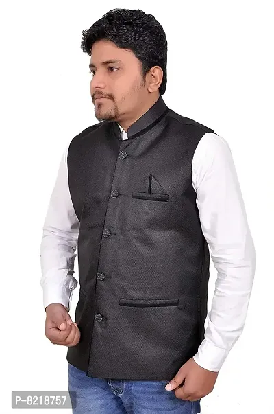 Black Cotton Blend Nehru Jackets   Vests For Men-thumb2