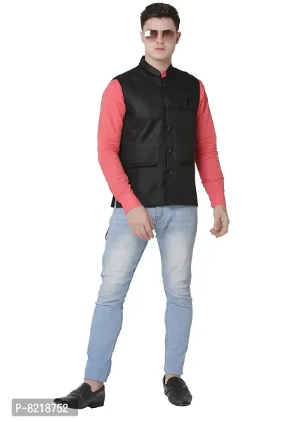 A P Creation Nehru Jacket Sleeveless Solid Men's Regular Fit Jute Ethnic Nehru Modi Jacket Or Waistcoat (38-42)-thumb0