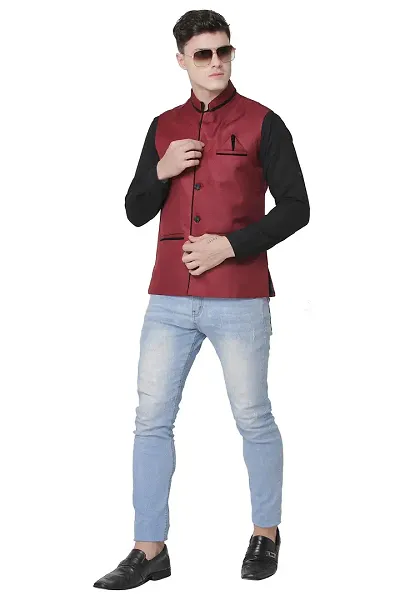 A P Creation Nehru Jacket Sleeveless Solid Mens Regular Fit Jute Ethnic Nehru Modi Jacket Or Waistcoat (38-42)