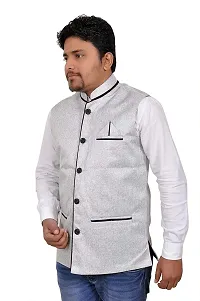 A P Creation Nehru Jacket Sleeveless Solid Men's Regular Fit Jute Ethnic Nehru Modi Jacket Or Waistcoat (Silver, X-Large)-thumb2