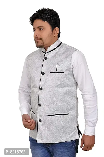 A P Creation Nehru Jacket Sleeveless Solid Men's Regular Fit Jute Ethnic Nehru Modi Jacket Or Waistcoat (Silver, X-Large)-thumb3