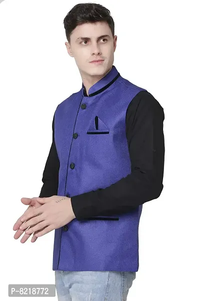 A P Creation Nehru Jacket Sleeveless Solid Men's Regular Fit Jute Ethnic Nehru Modi Jacket Or Waistcoat (Blue, X-Large)-thumb4
